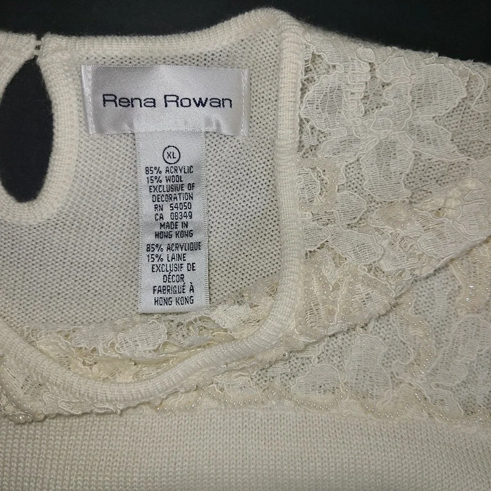 Vtg Rena Rowan Ivory Knit Lace Pearl Embellished Knit Blouse Top Womens Size L - Picture 8 of 8